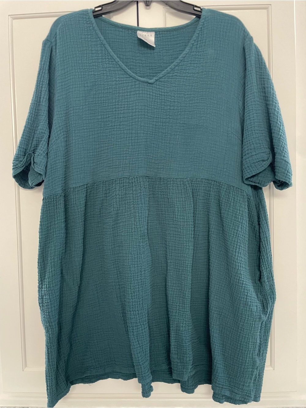 Serra Gauzy V-Neck Babydoll Dress— Teal Green